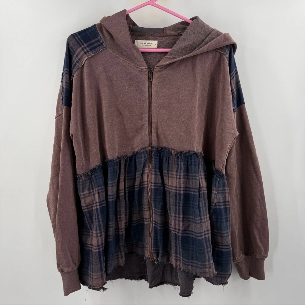 Lucky Brand Brown Navy plaid frayed hem oversized sweatshirt zip hoodie jacket